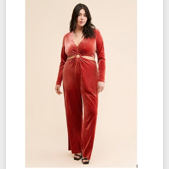 NWT Awaylee X Free People Peekaboo Velvet Jumpsuit Women's 1X Cutout Red Orange - Picture 2 of 16